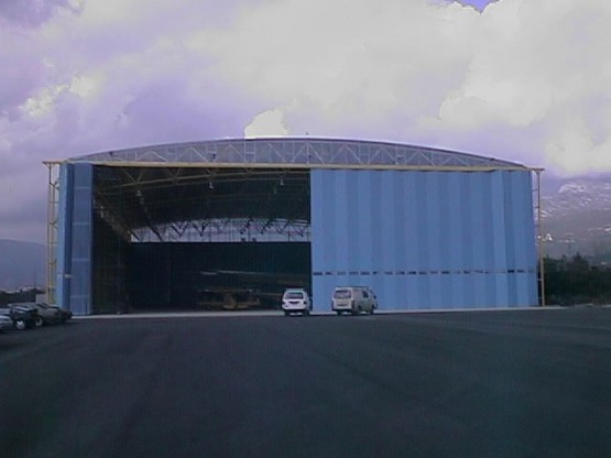 Space frame hangar for airplane collection with folding doors and long span